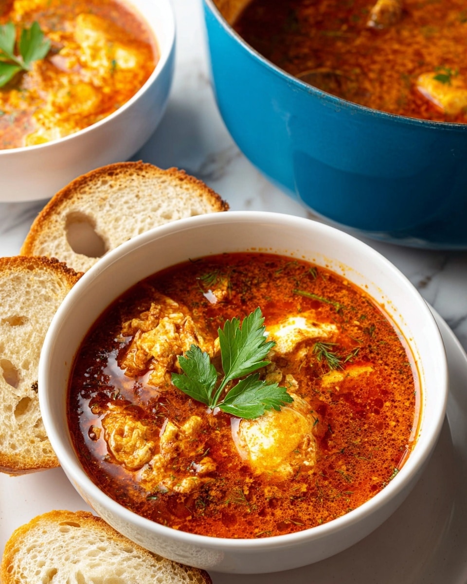 A white bowl filled with a rich, reddish-orange soup that has visible chunks of yellowish egg and tender pieces floating on the surface, topped with a single green parsley leaf placed slightly off-center. Surrounding the bowl are three slices of toasted white bread with a soft texture and small holes. In the background, there is a blue pot with more of the soup inside, showing a similar thick, chunky texture. Another white bowl with the same soup and a green parsley leaf is partially visible. All items rest on a surface with a white marbled texture. Photo taken with an iphone --ar 4:5 --v 7