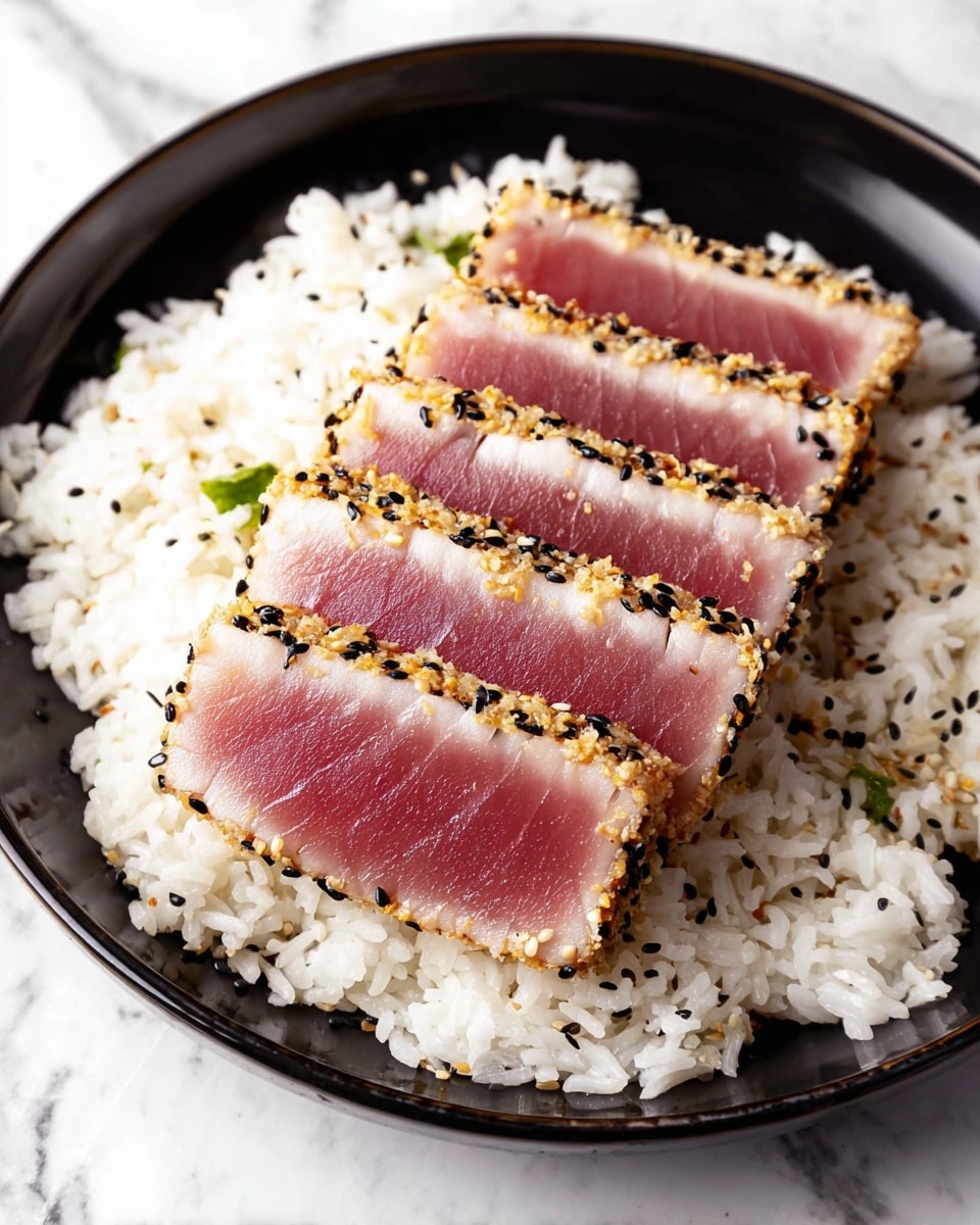 A black plate holds a bed of white rice with five slices of seared tuna placed neatly on top in a row. The tuna slices have a light pink center with a thin outer crust covered with white and black sesame seeds, creating a textured border. The rice grains look soft and fluffy, surrounding the tuna closely on all sides. The whole dish sits on a white marbled surface. photo taken with an iphone --ar 4:5 --v 7