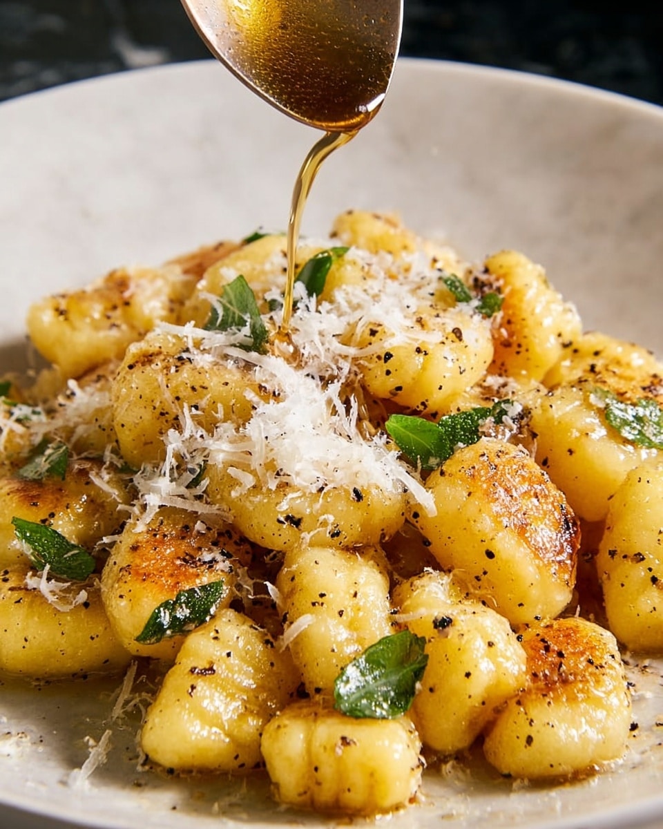 A close-up view of golden, soft gnocchi pieces piled on a white plate, each piece lightly browned and seasoned with visible specks of black pepper. Grated white cheese is scattered on top, melting slightly and adding texture. Small green herb leaves are mixed in among the gnocchi. A spoon above the plate is dripping a brown sauce onto the gnocchi, creating a glossy shine on the surface. The dish rests on a white marbled texture. photo taken with an iphone --ar 4:5 --v 7