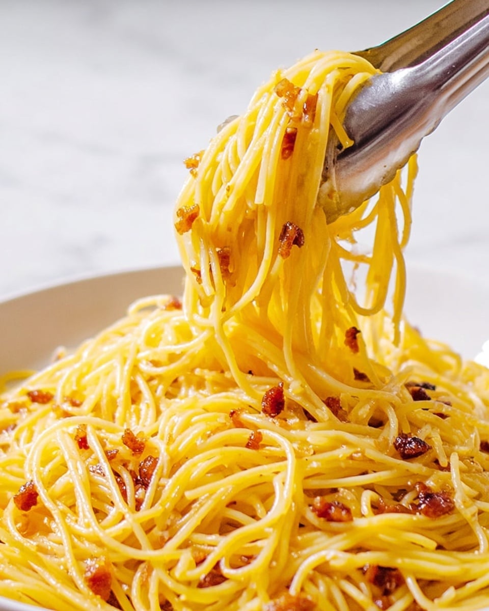 The image shows a close-up of a white plate filled with yellow spaghetti noodles mixed with small brown crispy bits, likely pancetta or bacon, scattered throughout. The noodles appear glossy and well-coated with a sauce, creating a slightly shiny texture. A metal tong is lifting a portion of the spaghetti from the plate, with the noodles tangled and hanging in mid-air. The background is a smooth white marbled texture. Photo taken with an iphone --ar 4:5 --v 7