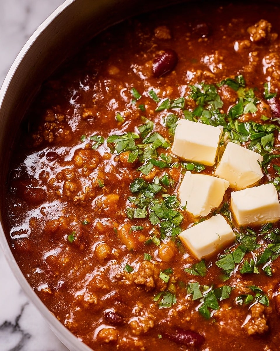The image shows a close-up of a thick, rich chili with a deep red-brown color, filled with small chunks of ground meat and beans, and sprinkled with bright green chopped herbs scattered evenly on top. Two small cubes of pale yellow butter rest near the center, slightly melting into the hot chili. The dish is inside a white bowl, and the background features a white marbled texture. photo taken with an iphone --ar 4:5 --v 7