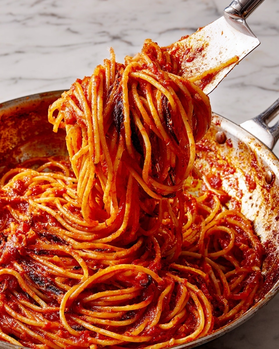 A close-up of several nests of spaghetti coated in a shiny, reddish-orange sauce with visible chili flakes and small bits of seasoning scattered throughout. The spaghetti looks thick and twisted into loose spirals, showing a slightly oily texture that catches the light. The dish is served on a simple white plate with a smooth surface, and a woman's hand is seen sprinkling some chili flakes on top. The background features a clean white marbled texture that adds a bright and fresh feel to the image. photo taken with an iphone --ar 4:5 --v 7