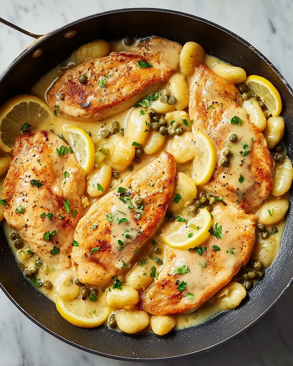 A close-up image shows four browned chicken breasts with a slightly crispy texture, laid out across a pan. On and around the chicken are small, smooth, pale yellow gnocchi covered with a thick, creamy light beige sauce. Thin lemon slices with bright yellow skin and pale yellow flesh are tucked between the chicken pieces. Small green capers and chopped green parsley leaves are scattered on top, adding color contrast. The pan edges and some sauce streaks are visible in the background with a white marbled texture beyond it. photo taken with an iphone --ar 4:5 --v 7