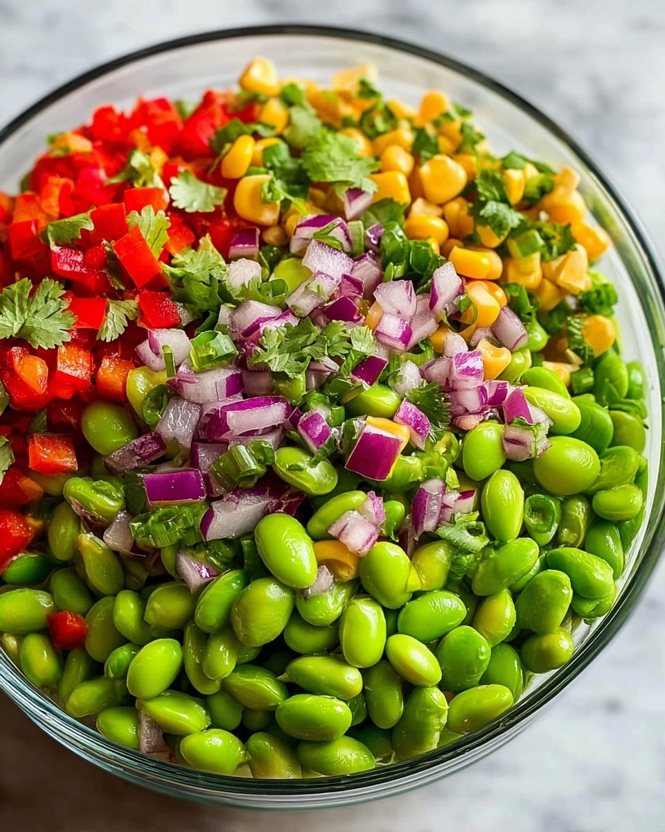 A clear white bowl full of a colorful salad with three main layers mixed together: bright green edamame beans forming the bottom layer with smooth, round textures, followed by scattered yellow corn kernels adding small, shiny pops of color, and topped with finely chopped red onions, red bell peppers, and fresh green cilantro leaves that add a mix of soft and crunchy textures. The salad looks fresh and vibrant, showing a mix of green, yellow, red, and purple colors, all placed on a white marbled surface. photo taken with an iphone --ar 4:5 --v 7