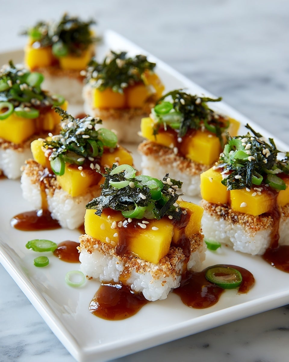 This image shows several square rice cakes with a crispy, browned bottom layer, topped with bright yellow mango pieces creating a smooth, juicy second layer. On top of the mango, there are thin strips of dark green seaweed and small, thinly sliced rings of fresh green onions, giving a textured, leafy third layer. The rice cakes are drizzled with a thick, shiny brown sauce that adds a glossy look and a few white sesame seeds sprinkled over for a light crunch. The rice cakes are arranged neatly on a white plate set on a white marbled surface, with extra sauce drops and green onion rings scattered around for decoration. photo taken with an iphone --ar 4:5 --v 7