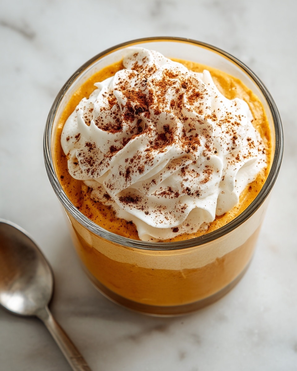 A close-up glass filled with a creamy light orange drink topped with a large swirl of white whipped cream sprinkled with fine brown spice powder. The smooth drink shows tiny specks within its texture. The glass is sitting on a piece of rough brown burlap on a white marbled surface. In the background, there is a small white bowl filled with orange powder and two cinnamon sticks near the glass, with another similar glass slightly out of focus. Photo taken with an iphone --ar 4:5 --v 7