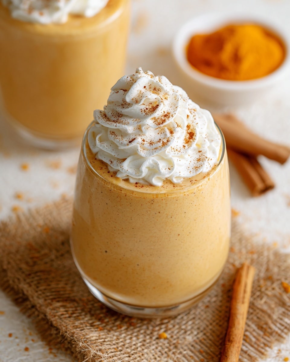 A clear glass cup holds a two-layered dessert against a white marbled background. The bottom layer is smooth with a rich, bright orange color and a creamy texture. On top, a thick swirl of fluffy white whipped cream sits in the center, generously dusted with fine brown cinnamon powder that spreads slightly over the edges. To the left of the cup, a shiny silver spoon lays on the surface, slightly blurred. Photo taken with an iphone --ar 4:5 --v 7