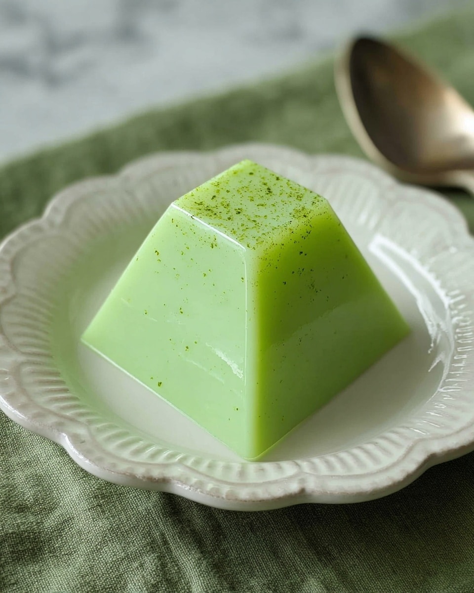 A single green jelly dessert shaped like a square pyramid with smooth, glossy texture sits centered on a white plate with a scalloped edge. The jelly has a consistent light green color with tiny darker green specks evenly distributed on top. The plate is placed on a white marbled textured surface with a soft green cloth partially visible underneath. A spoon lies next to the plate on the right side. Photo taken with an iphone --ar 4:5 --v 7