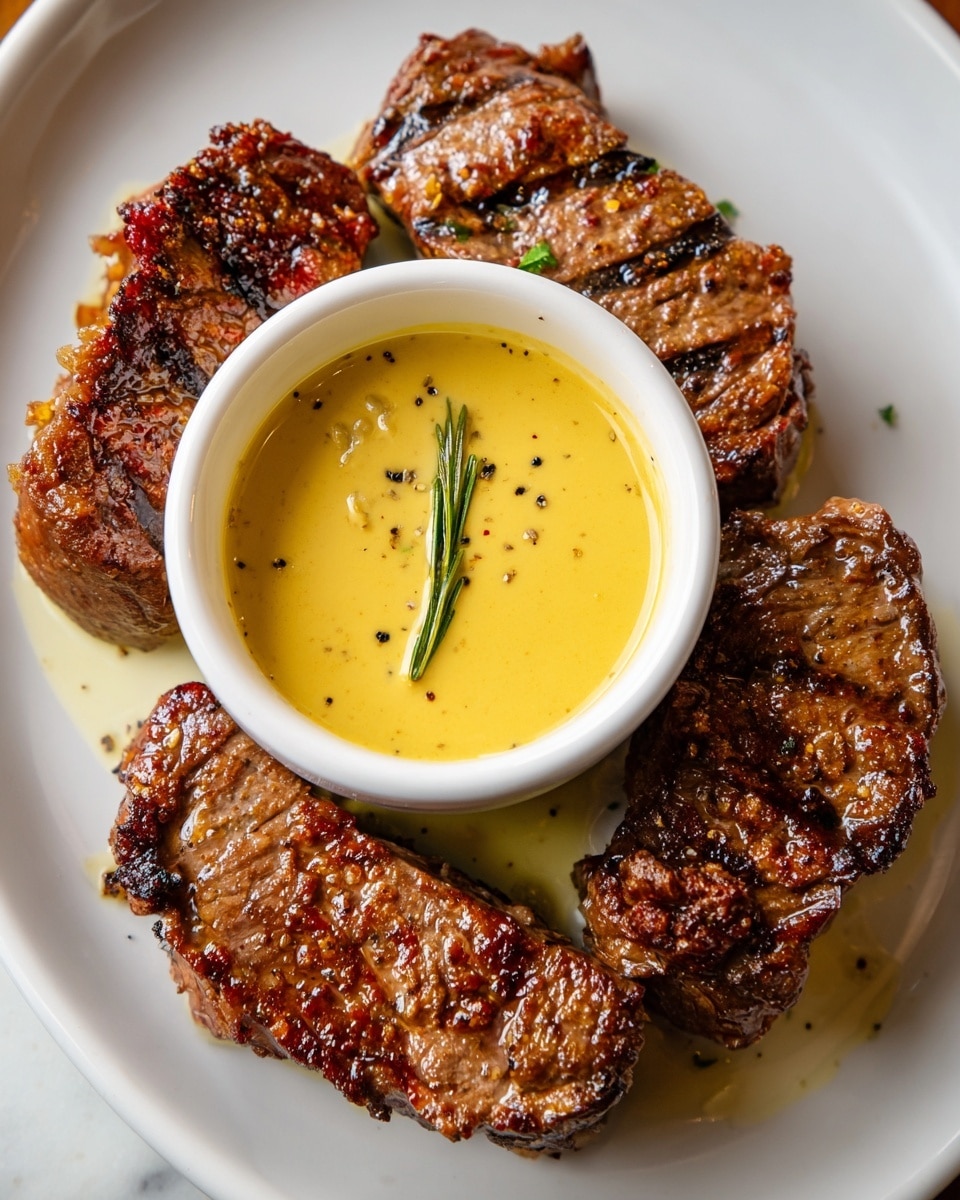 A white round plate holds three pieces of grilled meat arranged around a small white bowl filled with a smooth, creamy yellow sauce speckled with black pepper, placed in the center. The meat pieces have a rich brown color with crisp grill marks and a slightly charred texture, showing a mixture of crispy edges and tender interior. The shiny glaze on the meat reflects light, suggesting juiciness and a well-cooked crust. The plate sits on a white marbled surface. photo taken with an iphone --ar 4:5 --v 7