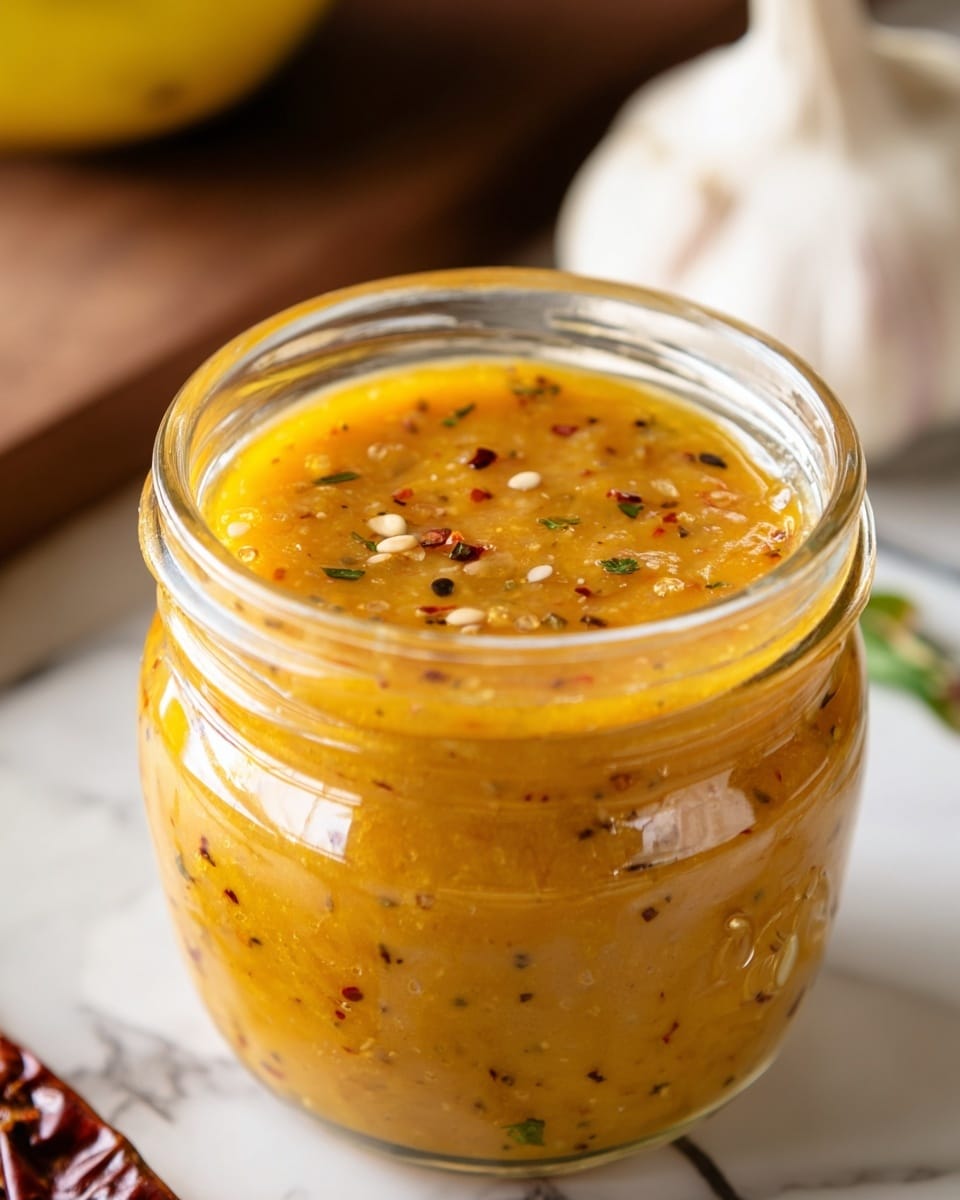 A clear glass jar filled with a thick, orange-yellow sauce that is speckled with small black and red seeds, and tiny green herb bits evenly mixed throughout. The sauce surface is glossy and slightly uneven, showing some small bubbles and oil spots on top. The jar is placed on a white marbled surface with a blurred garlic bulb and a yellow fruit in the background. photo taken with an iphone --ar 4:5 --v 7