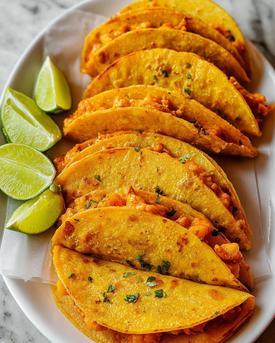 Five folded tacos are arranged side by side on a white plate lined with parchment paper, each with a golden-brown, slightly crispy corn tortilla shell. Inside, the filling is visible, showing an orange, chunky texture with small pieces that look like cooked shrimp or a similar seafood mix, topped with small green herb flecks. The tacos have a warm, inviting color palette of golden yellow, orange, and green. On the left side of the plate, there are three lime wedges with a pale green color that add a fresh contrast. The plate rests on a white marbled textured surface. Photo taken with an iphone --ar 4:5 --v 7