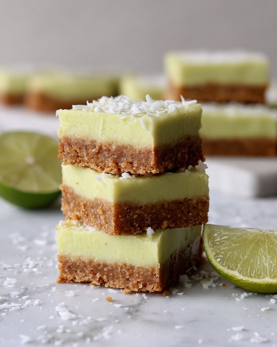 The image shows a stack of three dessert squares placed on a white marbled surface, each square with two layers: a thick, crumbly brown base and a smooth, light green creamy top layer, with the top square having a slightly rough edge and white flakes sprinkled on it. Nearby, there is a sliced green lime on the same white marbled surface. In the background, more of these dessert squares are visible, slightly blurred, creating depth. The colors contrast softly against the plain, light background. photo taken with an iphone --ar 4:5 --v 7