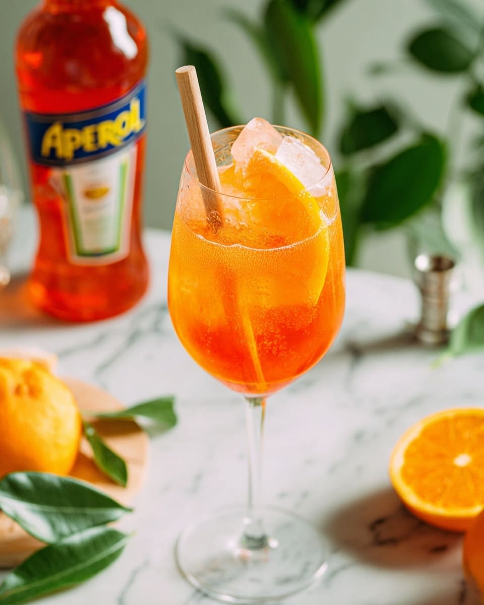 The image shows two clear wine glasses filled with a bright orange drink with bubbles, each glass containing large orange and yellow ice cubes. One glass in the center has a wooden stick placed inside it, standing vertically among the ice. The other glass on the right has a large slice of orange resting inside the rim. Both glasses are placed on a white marbled surface. In the background, there is a partially blurred bottle with a blue and orange label and green leaves. A cork and metal wire cage lie near the glasses on the surface. photo taken with an iphone --ar 4:5 --v 7