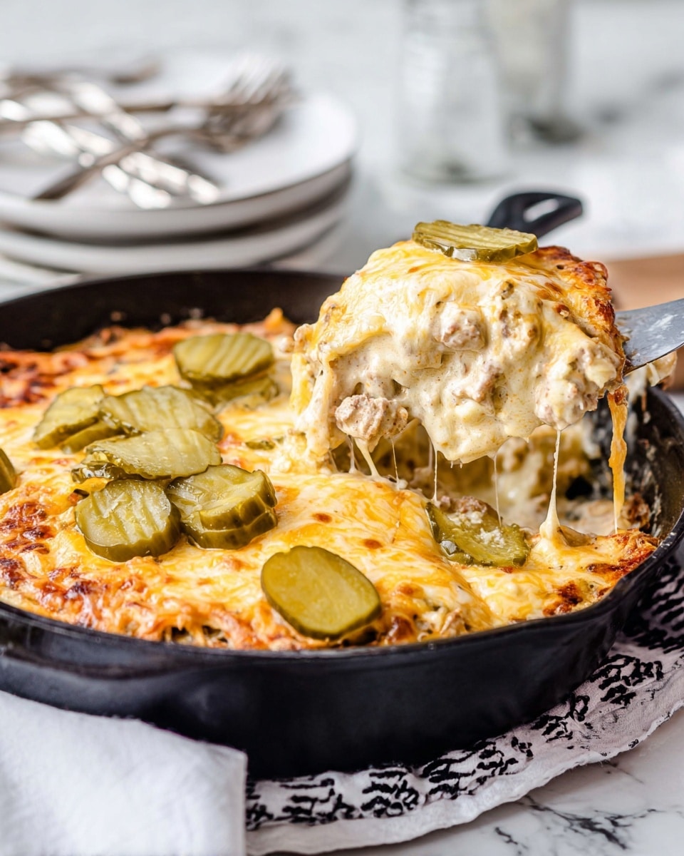 The image shows a skillet filled with a creamy, cheesy casserole that has a golden-brown top layer with melted cheese and scattered pickle slices on top. A slice is being lifted with a knife, revealing three visible layers: the top melted cheese layer in light golden yellow, a middle layer of creamy mixture with chunks of meat in a pale cream color, and a bottom layer that seems to be creamy sauce mixed with small bits of pickle. The skillet is black and sits on a white marbled surface with a white and black cloth underneath. In the background, there are white plates and utensils blurred out. Photo taken with an iphone --ar 4:5 --v 7
