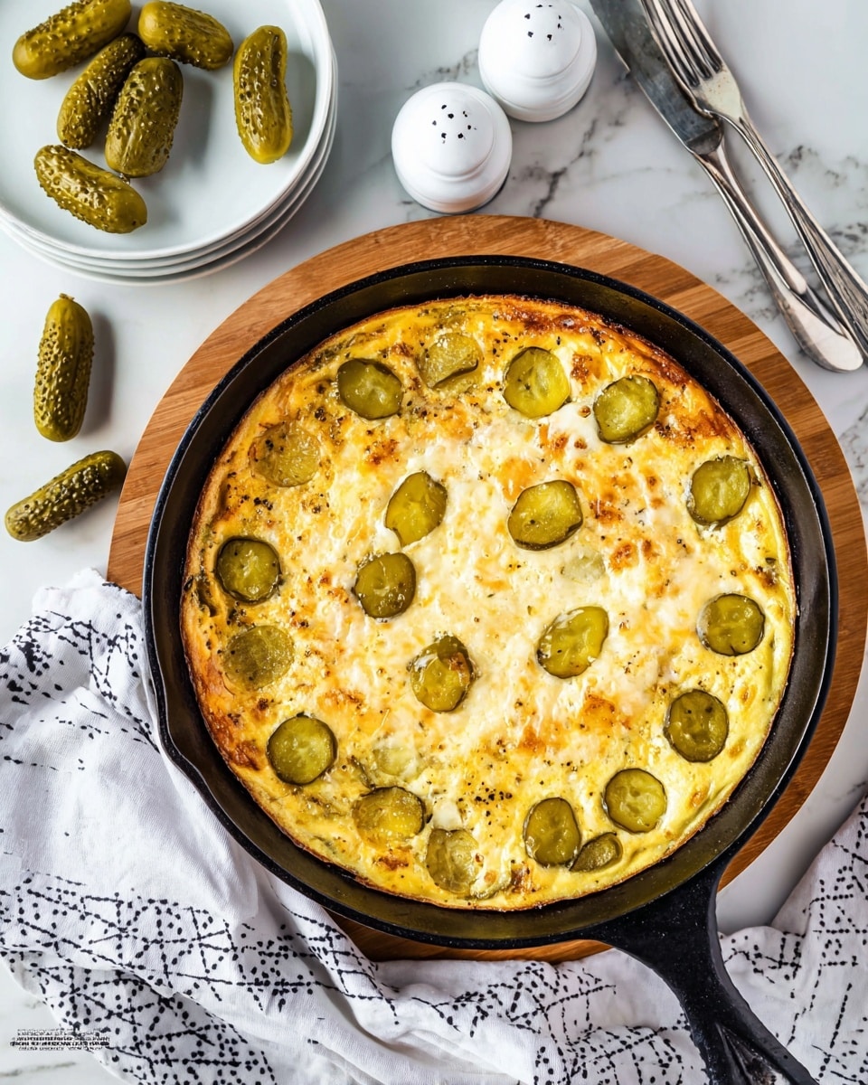 A black cast iron skillet sits on a wooden board over a white marbled texture, filled with a baked dish featuring a golden-yellow base layer of cooked eggs or casserole. The top layer is melted, slightly browned cheese evenly spread across the surface with scattered, sliced green pickles arranged in a circular pattern. Around the skillet are several whole pickles, white ceramic salt and pepper shakers, and two stacked white plates with silver forks resting on top. A white cloth with simple black geometric patterns is draped near the skillet. photo taken with an iphone --ar 4:5 --v 7
