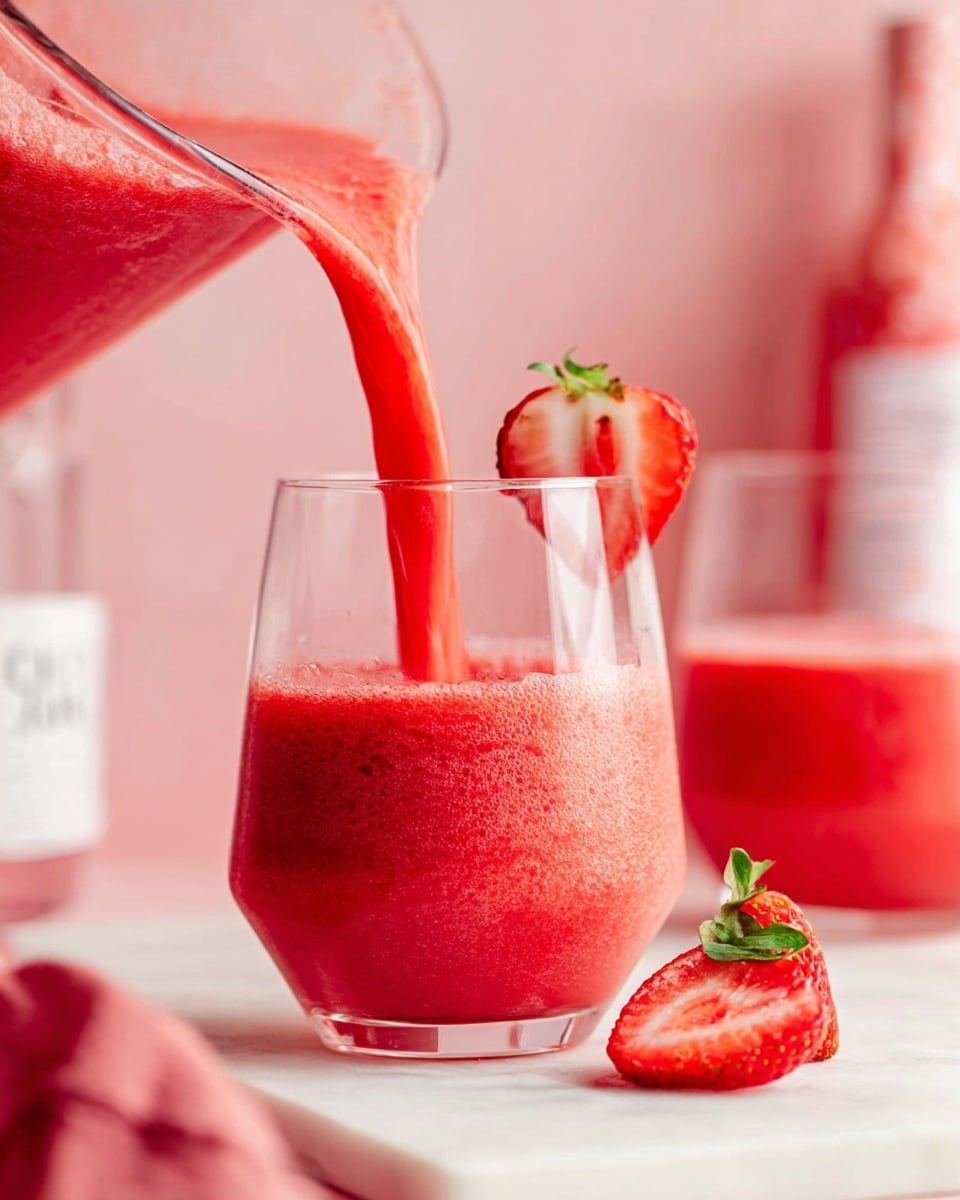 A bright red strawberry smoothie is being poured from a clear pitcher into a clear glass, filling it almost to the top with a frothy, textured liquid. The glass is garnished with a halved strawberry on its rim, showing the white interior and green leaves. Another similar smoothie glass is slightly blurred in the foreground, and a whole strawberry lies on the white marbled surface beside the pouring glass. In the background, there is a soft pink tone with a blurred bottle and some out-of-focus details, making the vibrant red color of the smoothie stand out. Photo taken with an iphone --ar 4:5 --v 7