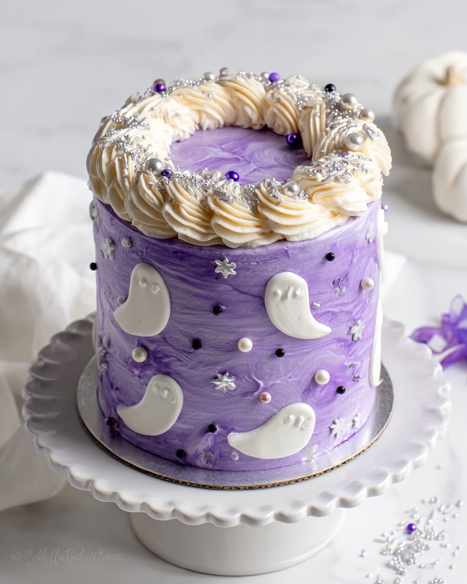 The cake is tall with three visible layers covered in smooth purple frosting that has light lavender and white swirls. Small white ghost shapes with tiny black eyes and a textured look are evenly spaced around the sides. Dotted among the ghosts are small black, silver, and white pearl-like sprinkles along with tiny silver star sprinkles. On top, there is a thick ring of creamy white swirled frosting, decorated with tiny silver, purple, and black sprinkles. The cake sits on a white scalloped-edge plate placed on a white marbled texture. Photo taken with an iphone --ar 4:5 --v 7