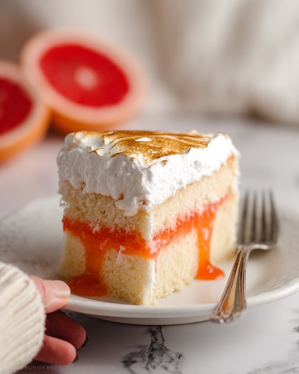 The image shows a slice of layered cake on a white plate, placed on a white marbled surface. The cake has three distinct layers: the bottom layer is a light beige moist cake, the middle layer is a glossy orange gelatinous fruit layer with drips running down slightly into the cake layer below, and the top layer is a thick, fluffy white marshmallow-like topping with a lightly toasted golden brown surface. The background is softly blurred, featuring a red sliced fruit that resembles a grapefruit. A fork lies on the table near the plate, and a woman's hand with a cream-colored sleeve is gently holding the plate. photo taken with an iphone --ar 4:5 --v 7
