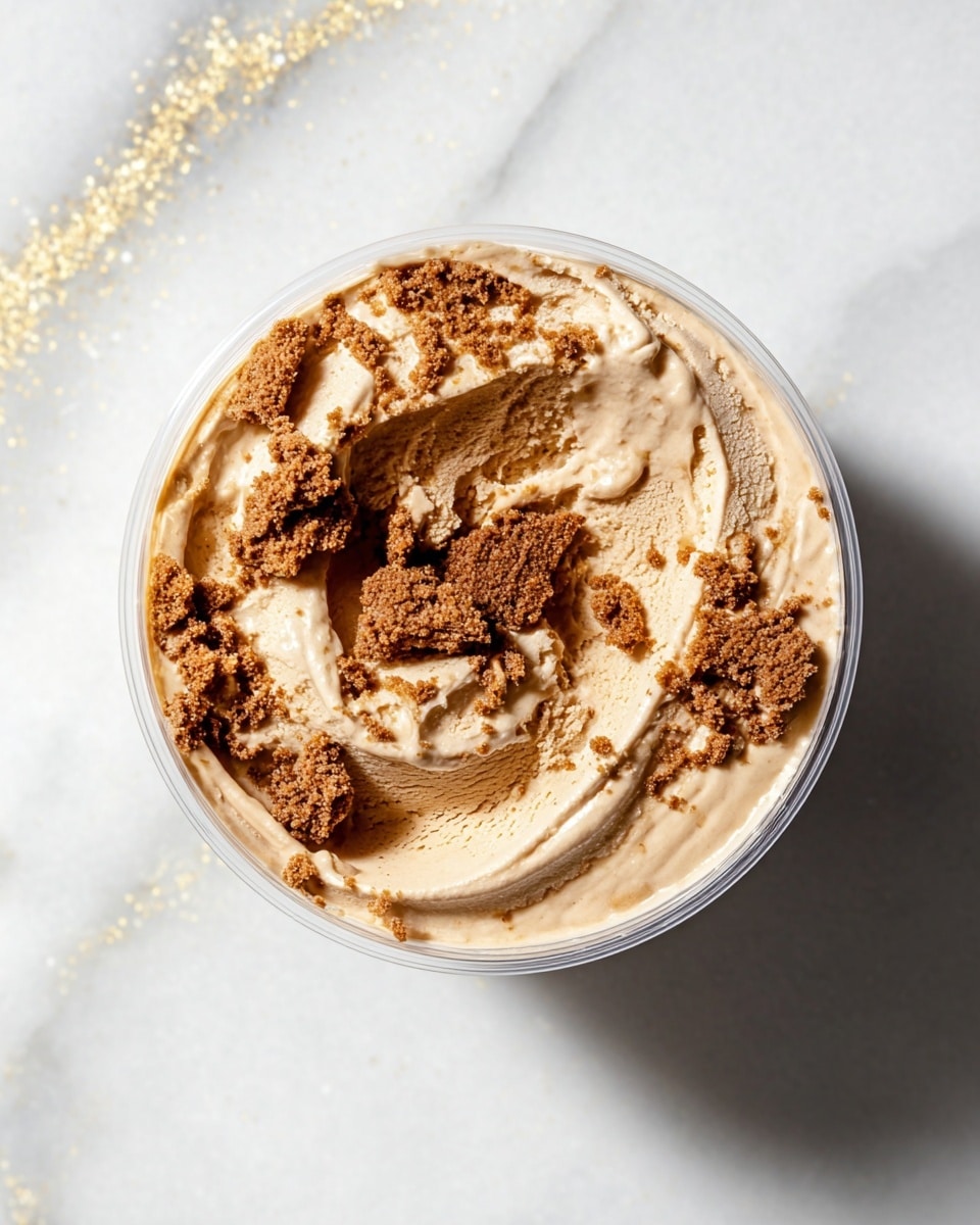 A clear round container filled with smooth light brown ice cream, showing soft swirls and creamy texture on the surface. Scattered on top are small pieces of darker brown crumbled cookie bits, adding a rough texture contrast. The container sits on a white marbled surface with subtle grey veins and a few gold glittery streaks, giving a clean and elegant look. photo taken with an iphone --ar 4:5 --v 7