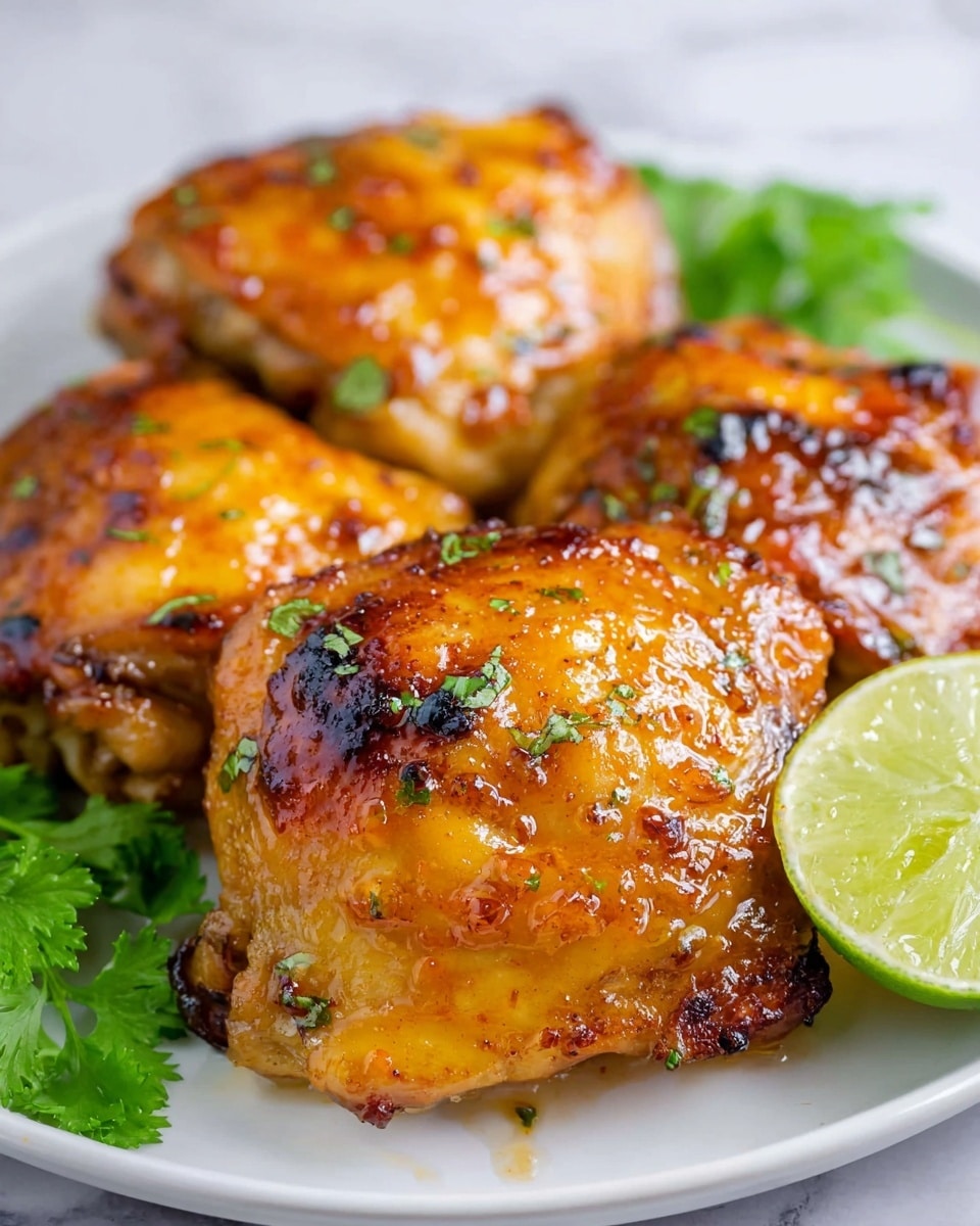 The dish shows four pieces of golden brown baked chicken thighs with a shiny, slightly sticky glaze spotted with small dark char marks and bits of herbs, each piece layered closely together. The chicken rests on a white plate with some sprigs of bright green fresh parsley at the bottom left and a wedge of light green lime on the right side of the plate. The background is a soft, out-of-focus white marbled texture that contrasts with the warm orange tones of the chicken, making it stand out clearly. photo taken with an iphone --ar 4:5 --v 7