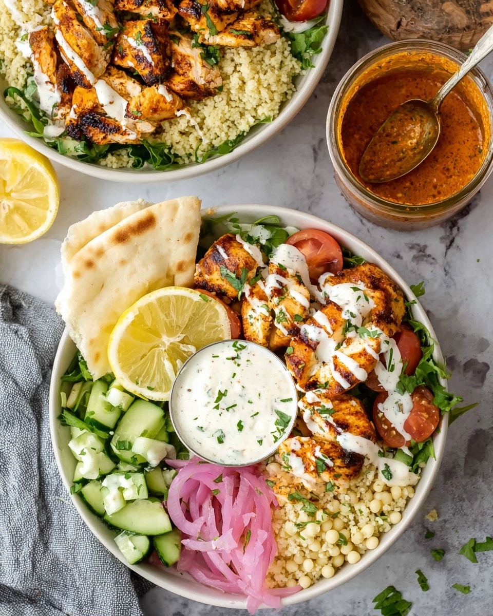 The image shows two white bowls filled with layered Mediterranean bowls on a white marbled surface. The bottom bowl includes a base layer of small round couscous grains, topped with grilled chicken pieces drizzled with white sauce on the right side, a dollop of creamy white sauce with green herbs in the center, and a lemon wedge resting on top. On the left half, there are sections of fresh chopped cucumbers, halved cherry tomatoes, pickled pink onions, and green leafy lettuce. A folded piece of white pita bread is placed on the left edge of the bowl. In the background, another bowl contains couscous topped with grilled chicken and white sauce, along with lemon wedge and leafy greens visible on one side. To the right, an open jar of reddish-brown sauce is partially visible with a spoon inside. Photo taken with an iphone --ar 4:5 --v 7