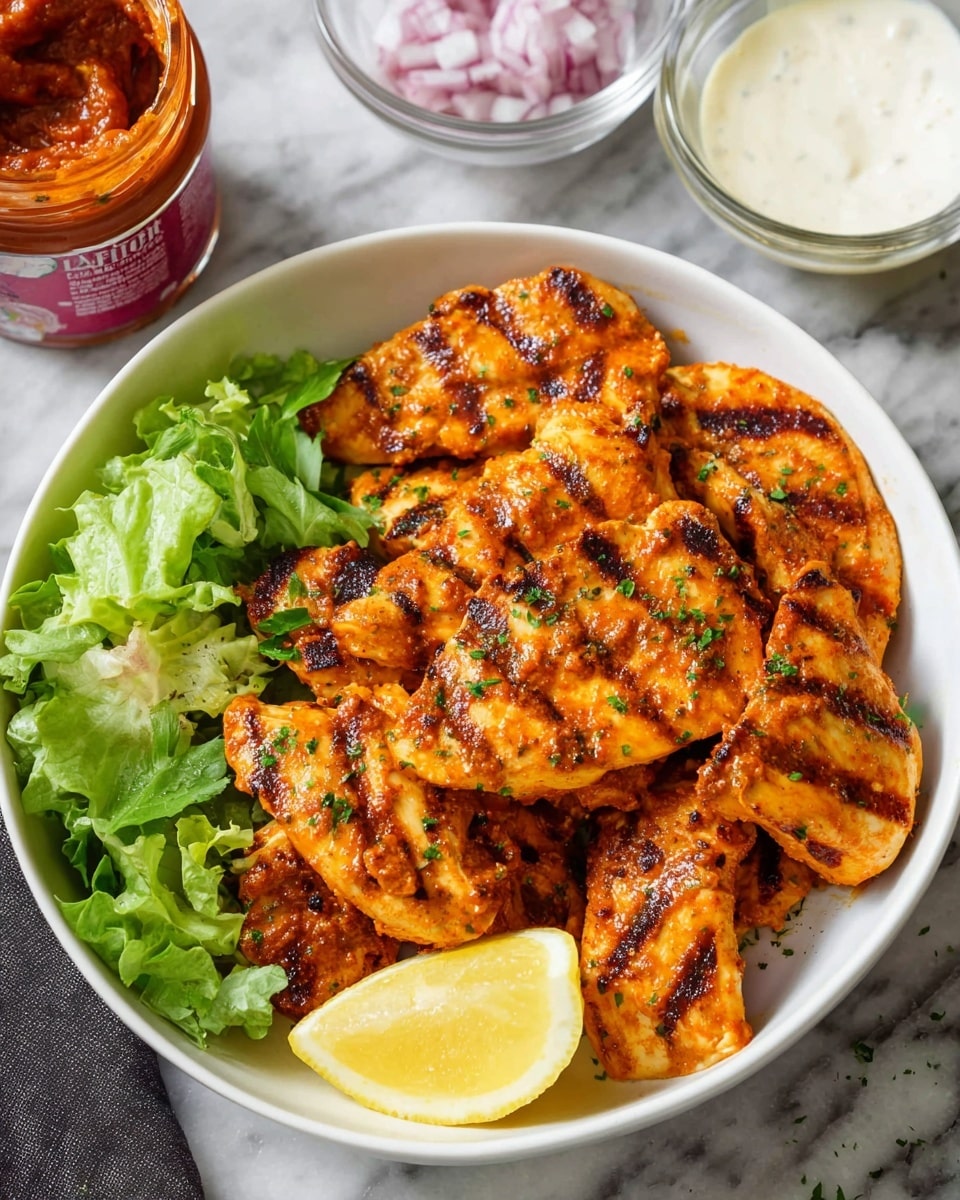 In a white bowl, there are several pieces of grilled chicken with clear grill marks, coated in a reddish-orange sauce and sprinkled with small green herbs. On one side of the chicken, there is a mix of fresh green lettuce leaves and a wedge of lemon with a bright yellow peel and pale yellow inside. In the background, a jar of thick red sauce and a small glass bowl with white creamy sauce can be seen, all placed on a white marbled surface. Photo taken with an iphone --ar 4:5 --v 7