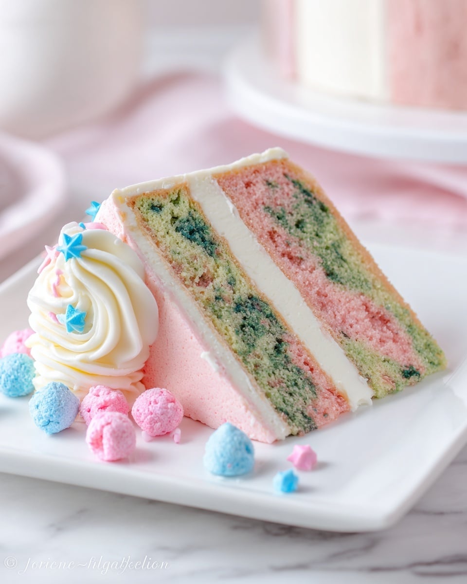 A slice of layered cake is shown on a white square plate with a white marbled surface underneath. The cake has four main layers: two pink and green marbled sponge cake layers alternating with two smooth, creamy white frosting layers. The outside of the cake is coated with a pastel pink icing. On the side of the slice, there is a swirl of white frosting decorated with small blue and pink star-shaped sprinkles. Around the plate, there are small pink and blue textured candy pieces scattered. The photo is soft-focused with a bright and airy feel. photo taken with an iphone --ar 4:5 --v 7