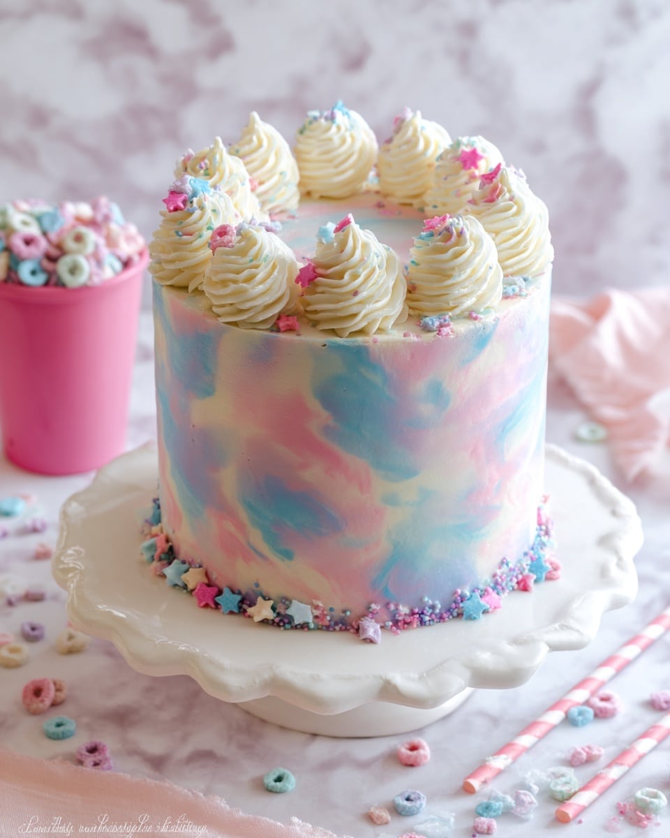 A tall cake with three visible layers covered in smooth pastel pink, blue, and light yellow swirled frosting creating a soft cloud-like pattern. On top, there are twelve evenly spaced large swirls of white whipped cream decorated with small pink and blue star-shaped sprinkles. The cake sits on a white scalloped cake stand that has scattered matching tiny pink and blue star sprinkles around the edge. The background is a white marbled texture with scattered pastel pink and blue cereal pieces and two pink and white striped straws lying nearby. In the background, a pink cup filled with similar pastel cereal pieces adds a splash of color. Photo taken with an iphone --ar 4:5 --v 7