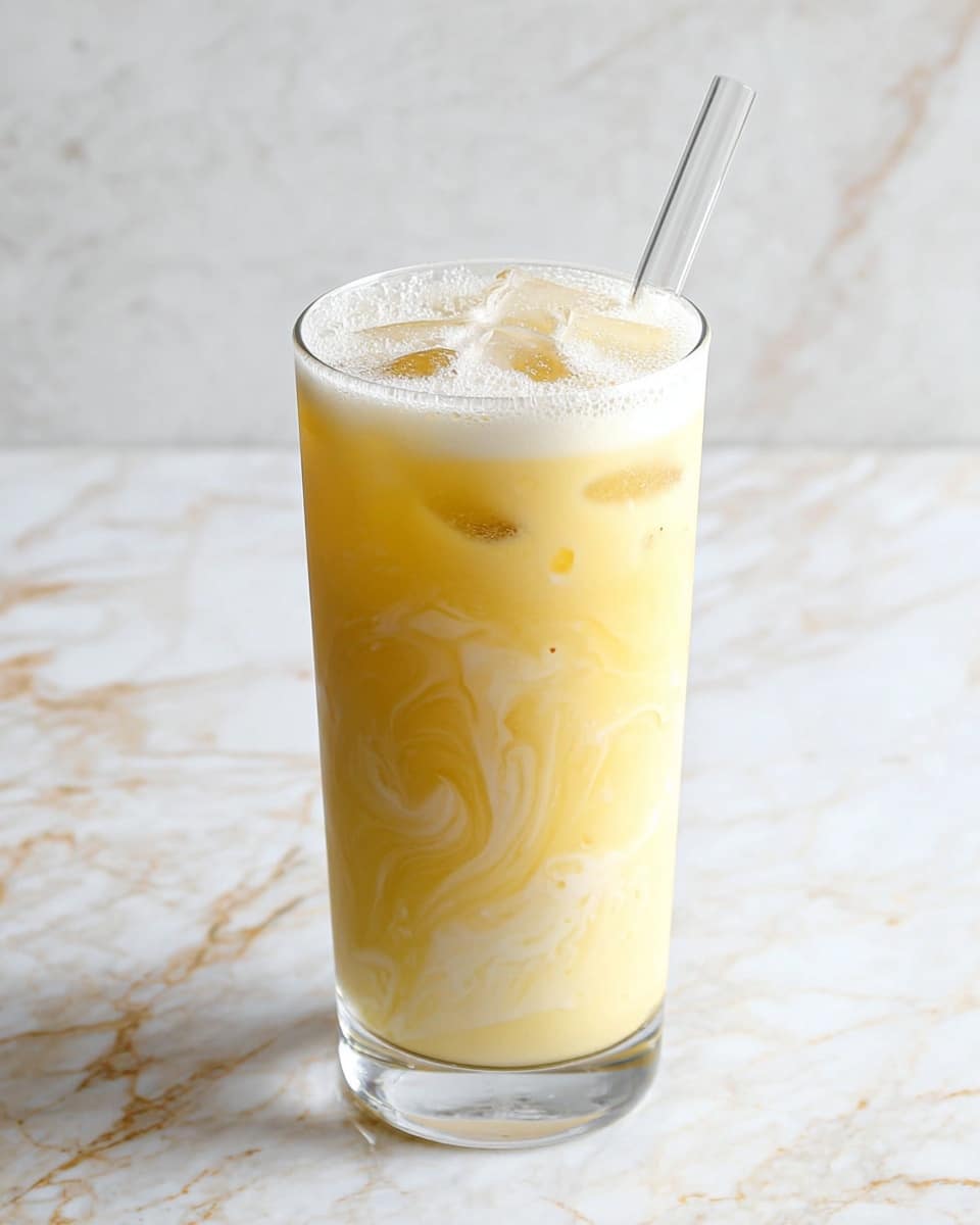 A tall clear glass filled with a creamy yellow drink that has visible swirls of white throughout, creating a marbled effect. The top layer is frothy with small bubbles, and ice cubes are partly visible below the foam. A clear glass straw sticks out from the drink. The glass sits on a white marbled surface. photo taken with an iphone --ar 4:5 --v 7