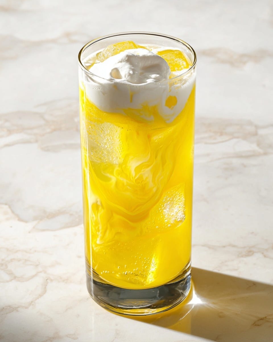 A tall clear glass filled with bright yellow liquid with small bubbles rising through it and several large clear ice cubes floating near the top, where a dollop of white cream rests partly submerged, swirling slightly into the drink below. The creamy white layer creates smooth, flowing patterns blending with the yellow liquid underneath. The glass is placed on a white marbled surface with soft natural light casting a gentle shadow to the right photo taken with an iphone --ar 4:5 --v 7