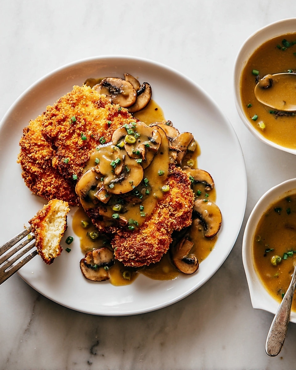 Two thick, golden-brown crispy fried cutlets sit on a white plate, layered with thick, glossy brown mushroom gravy that includes several sliced mushrooms. The cutlets have a crunchy, textured coating and are topped with small green herb pieces for garnish. On the left side of the plate, a woman’s hand holds a fork with a bite of the cutlet showing soft, white inside. To the right, a white bowl is filled with more mushroom gravy and a spoon resting inside. The entire scene is placed on a white marbled texture surface. photo taken with an iphone --ar 4:5 --v 7