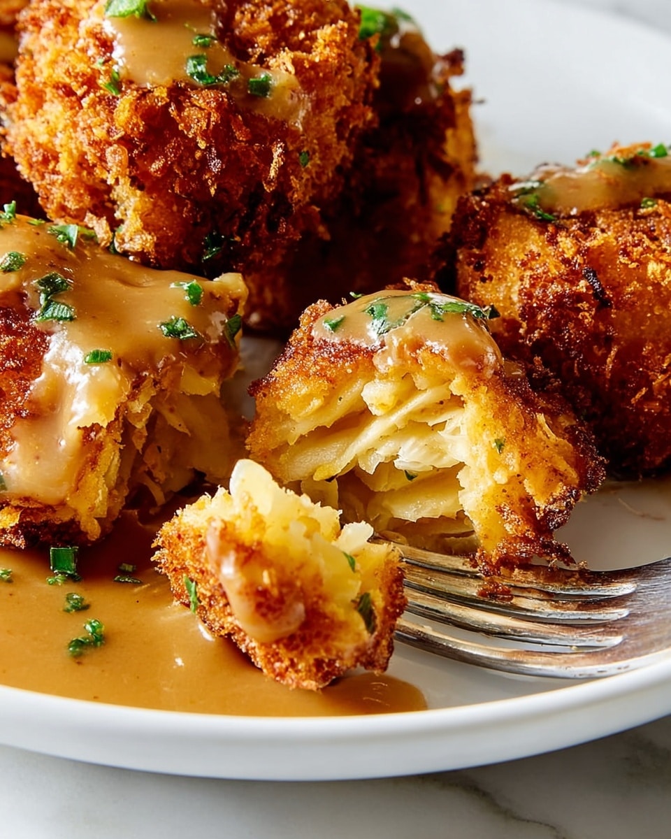 The image shows a close-up of crispy fried food pieces on a white plate, placed on a white marbled surface. The dish has a crunchy golden-brown outer layer with a rough texture made of breadcrumbs. One piece is broken open, revealing a soft, layered inside in pale yellow color. The fried pieces are topped with a smooth, light brown gravy sauce that has small pieces of green herbs sprinkled on it. A metal fork is positioned next to the broken piece, lifting it slightly from the plate. Photo taken with an iphone --ar 4:5 --v 7