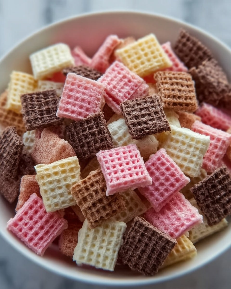 The image shows a close-up of a bowl filled with a mix of small square wafer snacks in three colors: light pink, dark brown, and creamy white. Each square has a textured, waffle-like surface with a soft and crispy look. The wafers are piled on top of each other in no specific order, creating a colorful and textured pattern. The bowl is white, and it sits on a white marbled surface that adds a clean and bright background to the scene. photo taken with an iphone --ar 4:5 --v 7