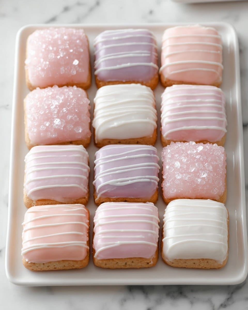 A white rectangular plate holds twelve small square treats arranged in a 3x4 grid on a white marbled surface. Each treat has a base layer of light beige cookie, topped with a thick smooth layer of pastel pink or white icing. Some treats have thin white or pink icing lines drizzled horizontally or vertically over the top layer, adding texture, while others are decorated with small round or crystal-like sprinkles in matching shades of pink and purple, giving a soft sparkle. The overall look is delicate, neat, and pastel with a mix of smooth and textured finishes. photo taken with an iphone --ar 4:5 --v 7