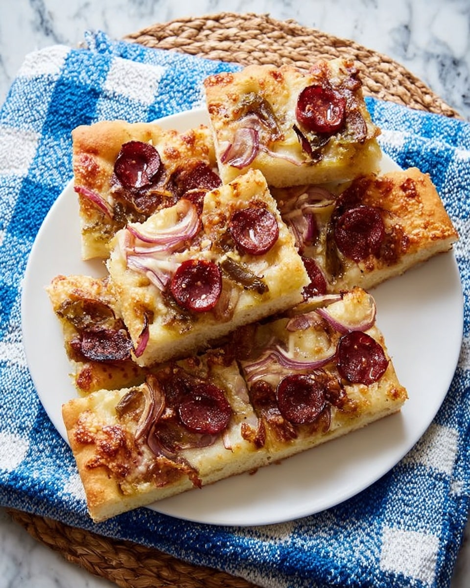 There are seven rectangular slices of focaccia bread stacked on a white plate, which is set on a white marbled surface covered partially by a blue and white checkered cloth and a woven placemat. Each slice has a golden-brown crust base with a thick, pale yellow dough layer topped with browned melted cheese. Thin round slices of dark red pepperoni and small caramelized pieces of red onion are scattered unevenly across the bread tops, adding texture and color contrast. Photo taken with an iphone --ar 4:5 --v 7