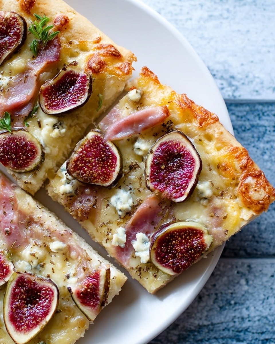 The image shows two rectangular slices of flatbread pizza on a white plate placed on a white marbled surface. The flatbread has a golden, slightly crispy crust with a creamy, golden cheese layer spread evenly on top. Scattered across the cheese are slices of red and green fig pieces, giving splashes of dark purple-red and bright green colors with a soft texture. Thin slices of ham add a rosy pink layer, slightly folded and nestled between figs. Small bits of light-colored cheese, possibly blue cheese, are dotted over the surface, melting into the base. The overall texture looks soft with some crispy edges and bits of seasoning are sprinkled on top, enhancing the look of the flatbread. Photo taken with an iphone --ar 4:5 --v 7