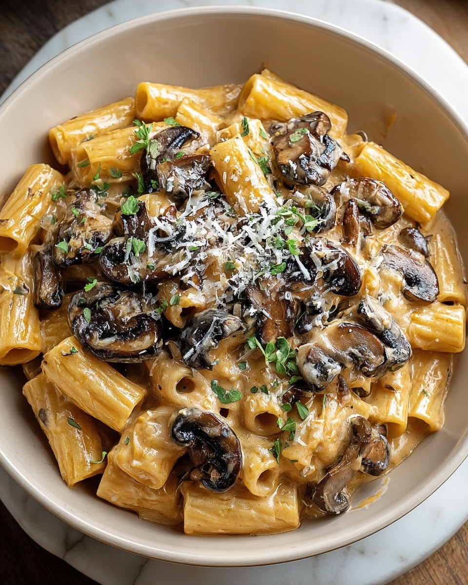 A black bowl holds three layers of creamy pasta with light golden color, mixed with sautéed sliced mushrooms in rich brown shades scattered evenly inside and on top. The pasta is loosely twirled, showing smooth, thick strands coated in a glossy sauce. Small green parsley leaves are sprinkled around, adding color contrast. The whole dish is lightly topped with a fine white grated cheese dust, giving texture and depth. The bowl sits on a white marbled texture surface, with some whole mushrooms peeking into the frame in soft focus. Photo taken with an iphone --ar 4:5 --v 7