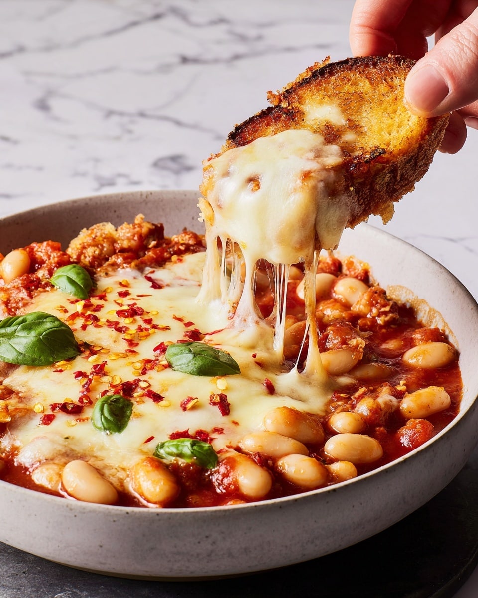 The dish is a bowl of baked beans layered with a thick bed of red tomato sauce and whole white beans visible throughout the sauce. On top, there is a generous layer of melted, gooey white cheese stretching as a woman’s hand lifts a piece of toasted bread covered in the same beans and melted cheese. The beans and cheese mixture is sprinkled with small red chili flakes and fresh green basil leaves, adding a touch of color on the creamy cheesy layer. The bowl holding the dish is white and placed on a surface with a white marbled texture. photo taken with an iphone --ar 4:5 --v 7