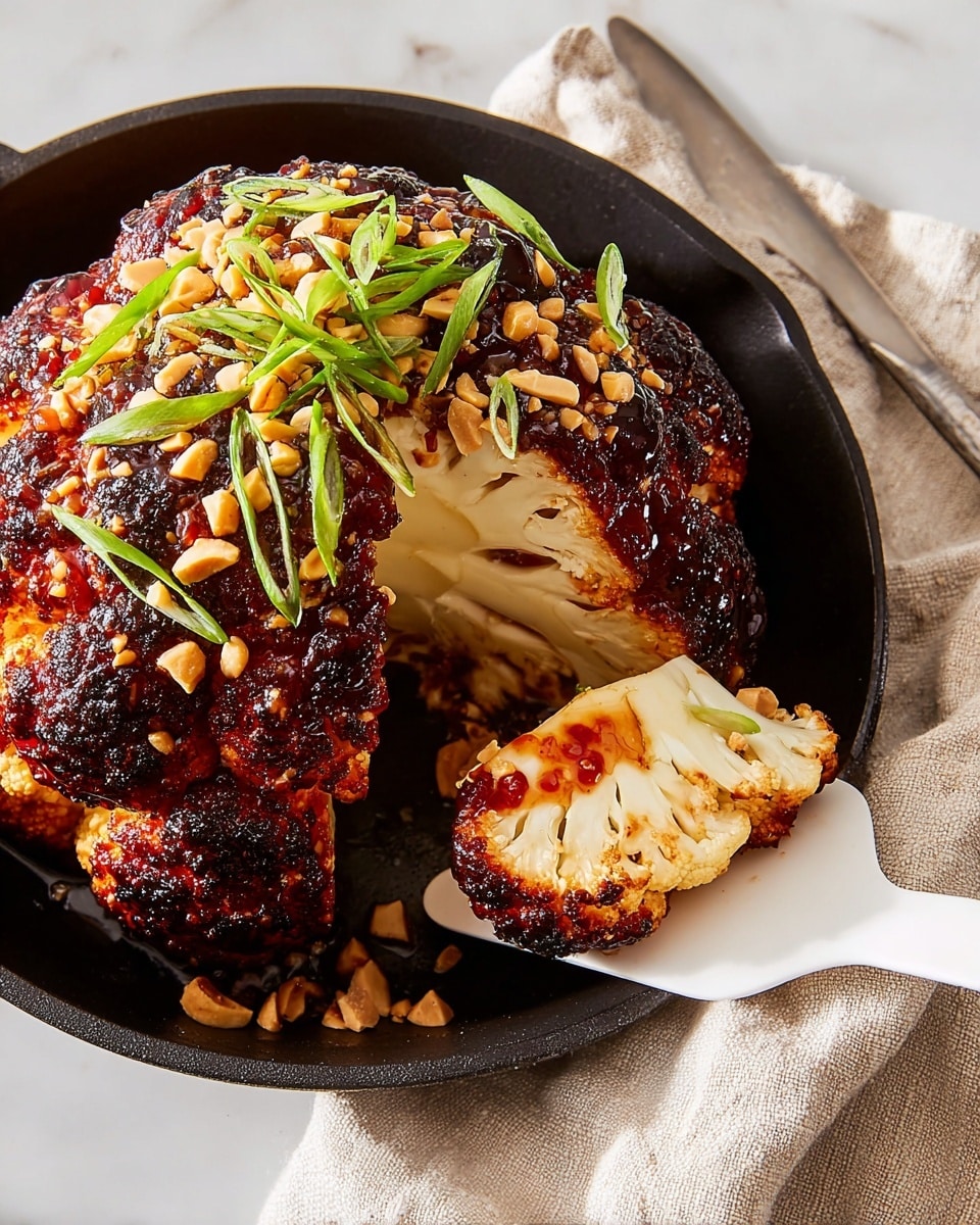 A whole roasted cauliflower sits in a black pan, with dark brown, charred spots and a sticky, deep red glaze coating the top. The cauliflower is cut to show its white, tender inside layers with a soft texture. It is sprinkled with light brown chopped peanuts and thin, fresh green onion slices on top, adding contrast to the dark glaze. A white spatula lifts one wedge from the pan, with a beige cloth nearby on a white marbled surface. photo taken with an iphone --ar 4:5 --v 7
