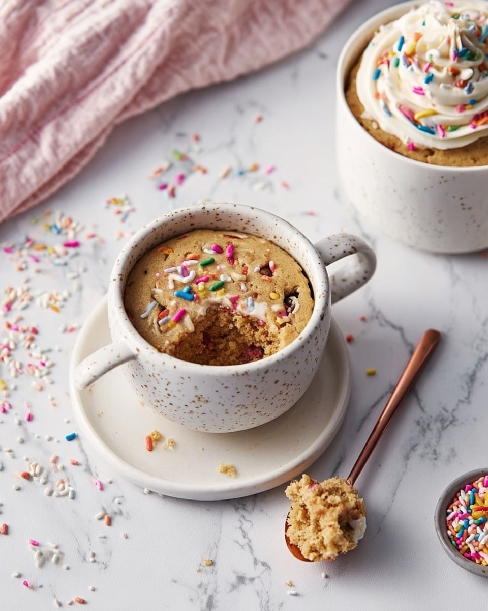 The image shows a white speckled mug filled with a soft, light brown cake topped with colorful rainbow sprinkles, with a bite taken out revealing the cake's moist texture inside. The mug sits on a white plate with a rose gold spoon holding a small piece of the cake. In the upper right corner, there is another similar white mug with the same cake topped with a swirl of white frosting and rainbow sprinkles. The scene is set on a white marbled surface with scattered sprinkles and a pink and white cloth in the top left. Photo taken with an iphone --ar 4:5 --v 7