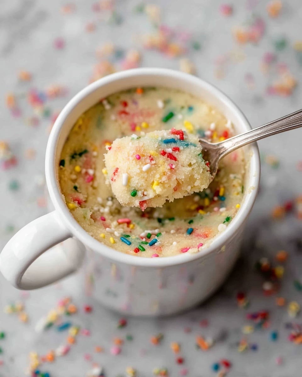 A white mug filled with one layer of light beige cake dough mixed with colorful rainbow sprinkles in red, yellow, green, blue, and pink, with a spoon lifting a small chunk of the soft, moist cake from the top right inside the mug. The mug is placed on a white marbled surface scattered with loose rainbow sprinkles. Photo taken with an iphone --ar 4:5 --v 7