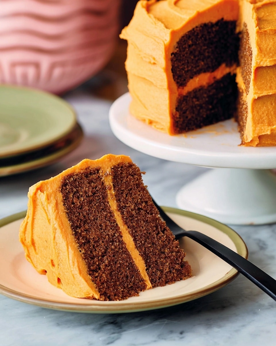 A two-layer cake slice with dense, moist brown cake layers separated by a thin layer of smooth orange frosting, all covered with a thick, textured coat of the same bright orange frosting. The slice sits on a white plate with a black fork resting beside it. The whole cake, with the same two brown layers and thick orange frosting, is on a white cake stand in the background. The setting has a white marbled texture beneath the dishes. photo taken with an iphone --ar 4:5 --v 7