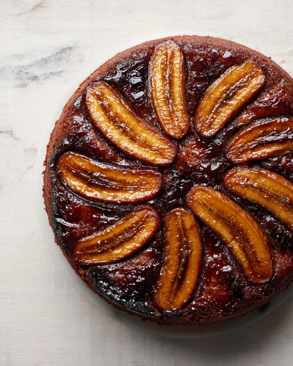 A single-layer round upside-down banana cake with a rich dark brown color, topped with caramelized banana slices arranged in a radial pattern across the surface. The bananas are glossy and golden-brown with a sticky, shiny glaze that contrasts against the deep, moist cake beneath. The cake sits directly on a white marbled surface, showing its textured edges and slightly uneven top where the banana glaze has settled. photo taken with an iphone --ar 4:5 --v 7