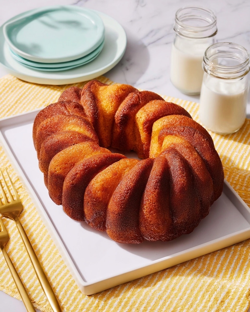 A golden-brown bundt cake with a twisted, ridged pattern sits on a white rectangular plate, the surface of the cake showing a mix of darker brown and lighter golden areas with a slightly shiny, moist texture. Around the plate are two gold forks placed to the left and two small glass jars filled with white milk on the right. Underneath, there is a yellow striped cloth over a white marbled texture surface. Next to the jar is a white plate stacked with a light blue plate on a white cloth napkin. photo taken with an iphone --ar 4:5 --v 7