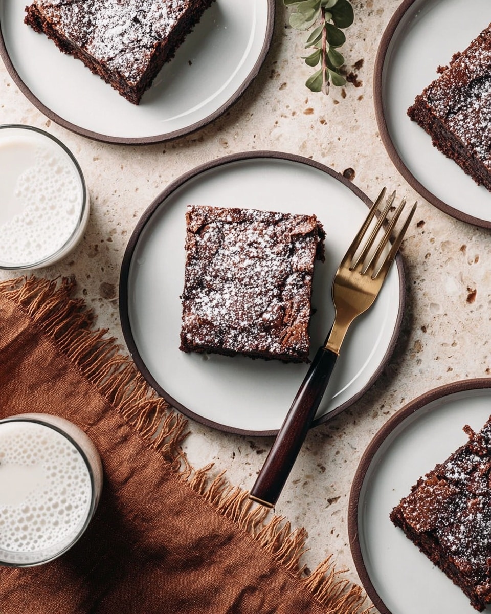 The image shows four square pieces of chocolate brownies with a rough, cracked top layer sprinkled with white powdered sugar, each placed on a white plate with a thin dark rim. One plate in the center holds a brownie next to a gold fork with a dark wooden handle, angled diagonally. Around the plates, there are two clear glasses filled with milk showing bubbles on the surface. The entire setting is on a white marbled textured surface with a brown, frayed cloth napkin partially visible near the bottom right. Photo taken with an iphone --ar 4:5 --v 7