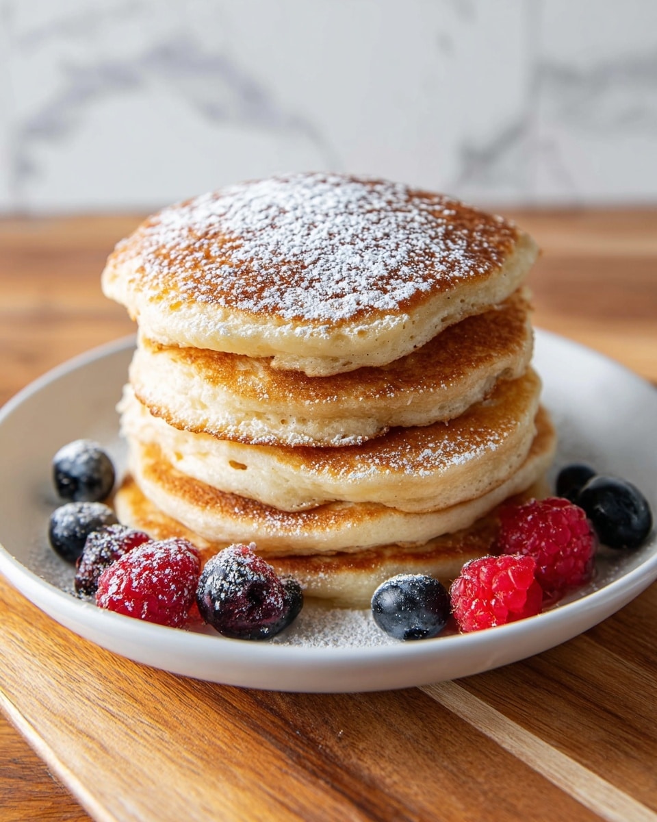 A stack of five golden brown pancakes with slightly uneven edges sits on a white plate. The top pancake is dusted with a light layer of powdered sugar. Around the base of the stack, there are a few fresh berries, including deep blue blueberries and bright red raspberries, adding a pop of color. The pancakes look fluffy and soft with a smooth, slightly browned surface. The plate rests on a wooden table with a white marbled texture in the background, creating a clean and simple setting. photo taken with an iphone --ar 4:5 --v 7