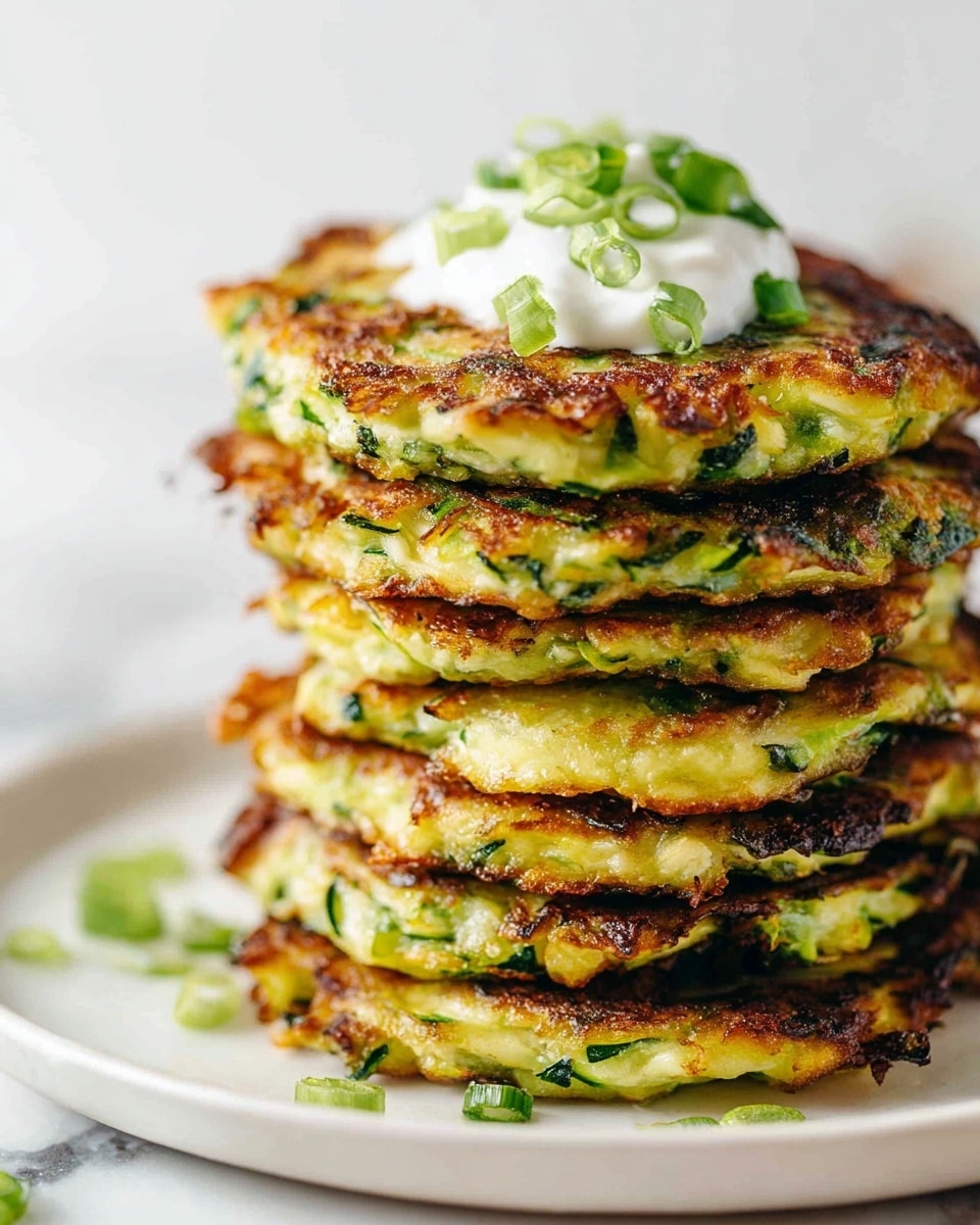 A stack of seven golden-brown zucchini fritters sits on a white plate, each fritter showing green flecks of shredded zucchini and herbs throughout its crispy, textured surface. The fritters are thick and slightly uneven, giving them a homemade look. On top of the stack is a dollop of white sour cream or yogurt, sprinkled with finely chopped green onions. The plate rests on a white marbled surface, with some green garnish slightly visible to the side. The photo taken with an iphone --ar 4:5 --v 7