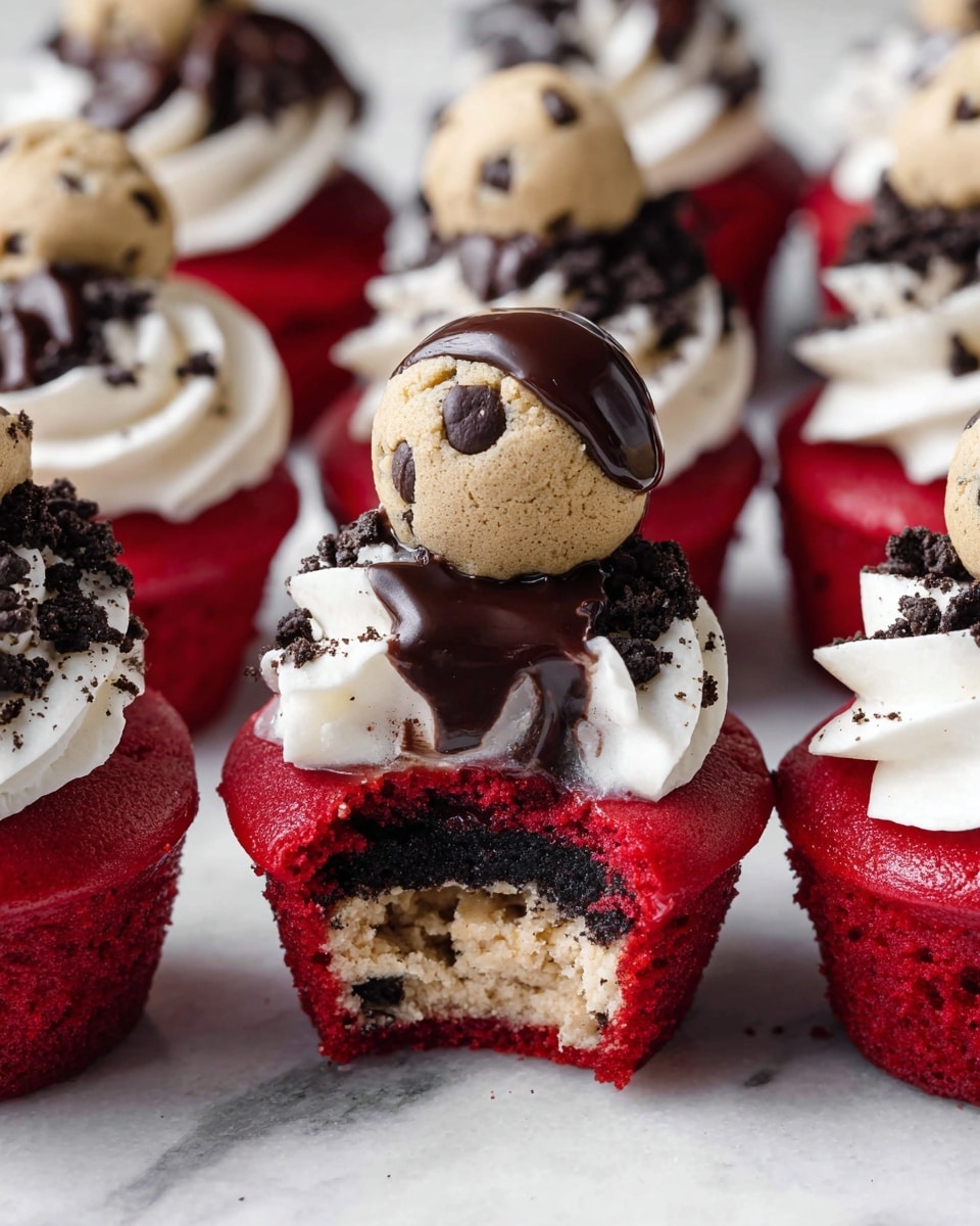 The image shows red velvet mini cupcakes with several layers: the base layer is a light beige cookie dough mixed with crushed chocolate bits, the middle layer is a whole Oreo cookie, followed by a bright red velvet cake layer, topped with a glossy dark chocolate layer, then a swirl of white whipped cream sprinkled with Oreo crumbs, and finished with a light brown cookie dough ball studded with chocolate chips on top. One cupcake is cut open to show all these layers clearly, all placed on a white marbled surface. Photo taken with an iphone --ar 4:5 --v 7