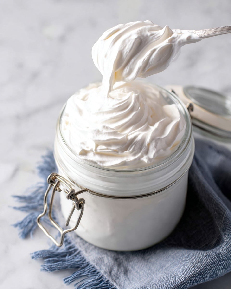 A glass jar filled to the top with thick, fluffy white cream, showing smooth swirls on the surface. A spoon lifts some of the cream above the jar, highlighting its airy, soft texture. The jar has a metal clasp on the side and sits on a white marbled surface with a blue-gray fringed cloth partially visible nearby. The overall look is clean and fresh, focusing on the creamy, cloud-like texture of the whipped cream. photo taken with an iphone --ar 4:5 --v 7