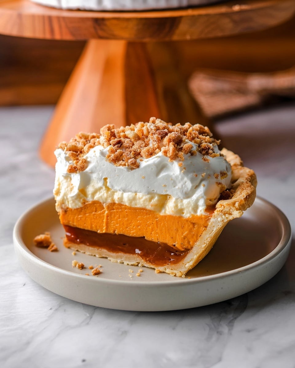 A slice of layered pumpkin pie is shown on a white plate with a smooth matte finish, placed on a white marbled surface. The pie has four distinct layers: a bottom thin golden crust, followed by a glossy dark caramel layer, then a thick bright orange pumpkin filling with a soft, creamy texture, topped with a fluffy white whipped cream layer. On top of the whipped cream, there is a sprinkle of crumbly brown streusel with visible nut pieces, adding texture and contrast. In the background, a wooden cake stand with a white base is slightly out of focus. Photo taken with an iphone --ar 4:5 --v 7